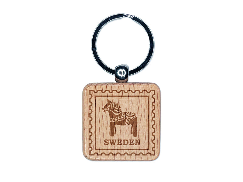 Sweden Travel Dalecarlian Dala Swedish Red Horse Engraved Wood Square Keychain Tag Charm