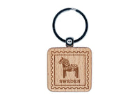 Sweden Travel Dalecarlian Dala Swedish Red Horse Engraved Wood Square Keychain Tag Charm