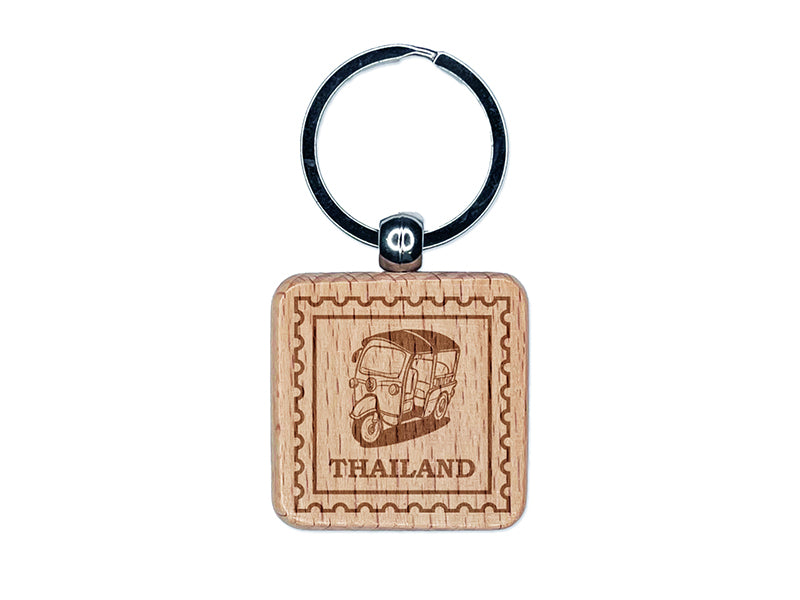 Thailand Travel Tuk-Tuk Vehicle Engraved Wood Square Keychain Tag Charm