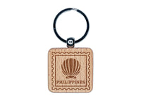 Philippines Travel Scallop Seashell Beach Ocean Engraved Wood Square Keychain Tag Charm