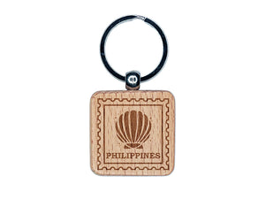 Philippines Travel Scallop Seashell Beach Ocean Engraved Wood Square Keychain Tag Charm