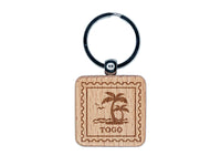 Togo Travel Palm Tree Beach Ocean Waves Engraved Wood Square Keychain Tag Charm