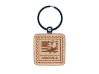 United States of America Travel Bald Eagle US Flag Engraved Wood Square Keychain Tag Charm