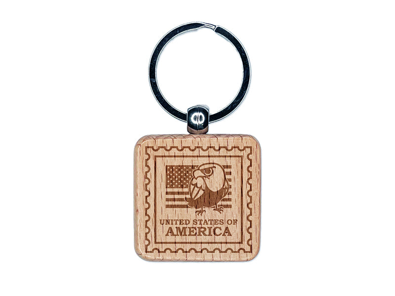 United States of America Travel Bald Eagle US Flag Engraved Wood Square Keychain Tag Charm