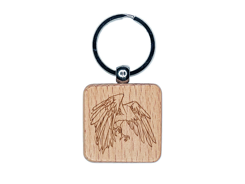Bird Crow Raven Flying Landing Engraved Wood Square Keychain Tag Charm