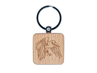 Bird Crow Raven Flying Landing Engraved Wood Square Keychain Tag Charm