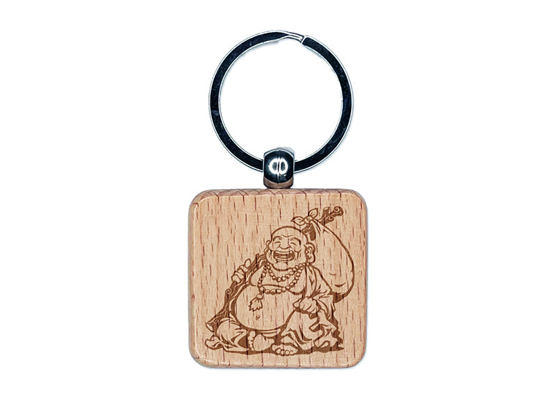 Budai Laughing Buddha Fat Monk Chan Engraved Wood Square Keychain Tag Charm