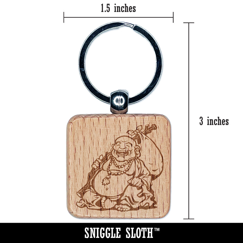 Budai Laughing Buddha Fat Monk Chan Engraved Wood Square Keychain Tag Charm