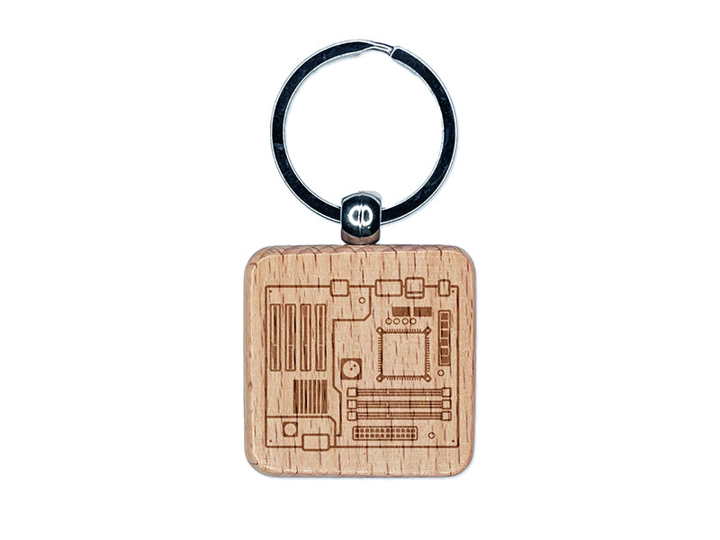 Computer Motherboard Circuit Board Engraved Wood Square Keychain Tag Charm