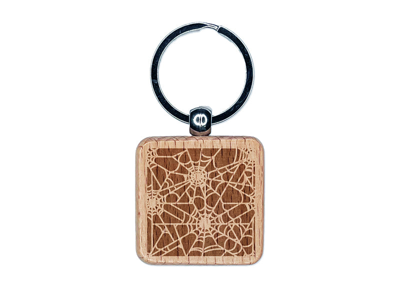 Dark Spider Web Pattern Engraved Wood Square Keychain Tag Charm