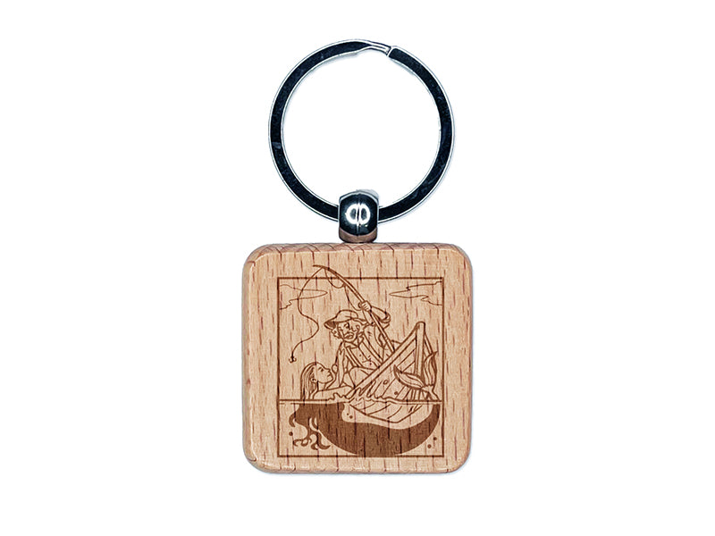 Fisherman and Mermaid Siren Engraved Wood Square Keychain Tag Charm