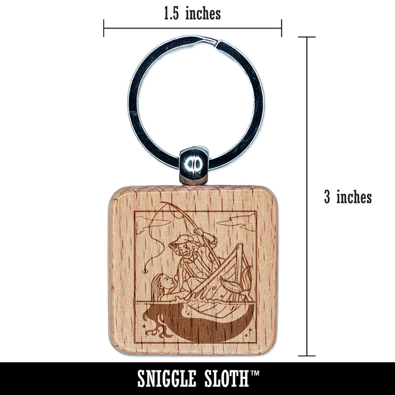 Fisherman and Mermaid Siren Engraved Wood Square Keychain Tag Charm