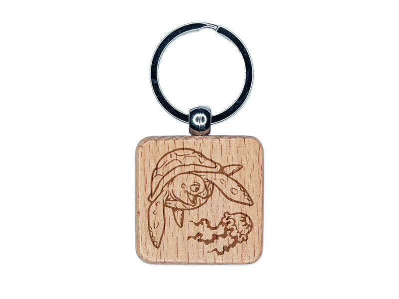 Gnarly Sea Turtle and Jellyfish Engraved Wood Square Keychain Tag Charm