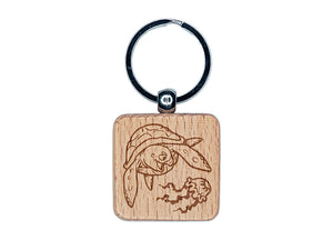 Gnarly Sea Turtle and Jellyfish Engraved Wood Square Keychain Tag Charm