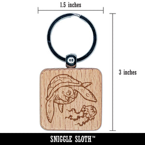 Gnarly Sea Turtle and Jellyfish Engraved Wood Square Keychain Tag Charm