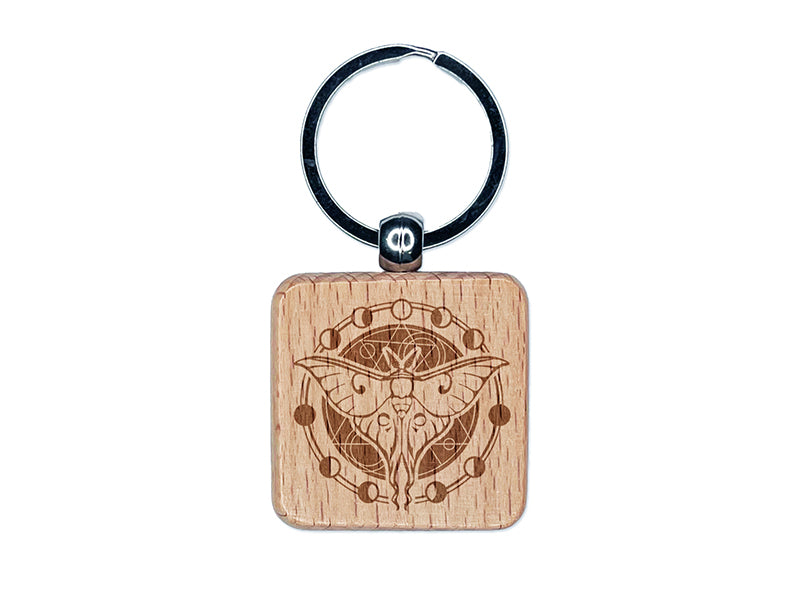 Lunar Moth Moon Phases Waning Waxing Crescent Engraved Wood Square Keychain Tag Charm