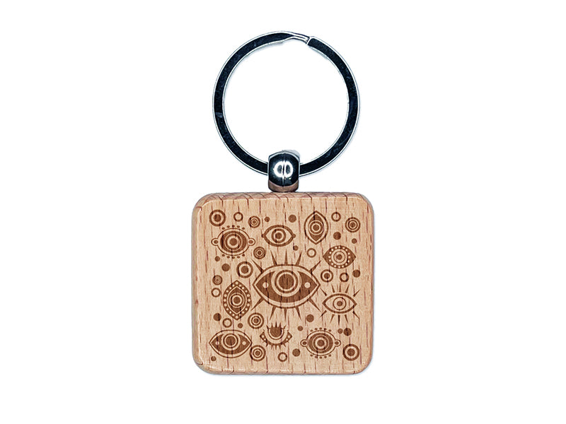 Nazar Evil Eye Hamsa Curse Protection Symbol Engraved Wood Square Keychain Tag Charm