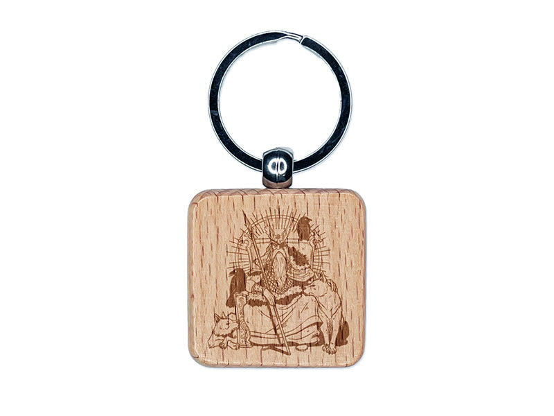 Odin Wodin Norse Mythology God Ravens Wolves Engraved Wood Square Keychain Tag Charm
