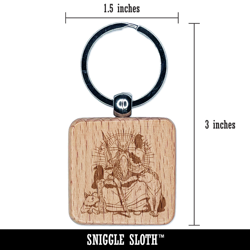 Odin Wodin Norse Mythology God Ravens Wolves Engraved Wood Square Keychain Tag Charm