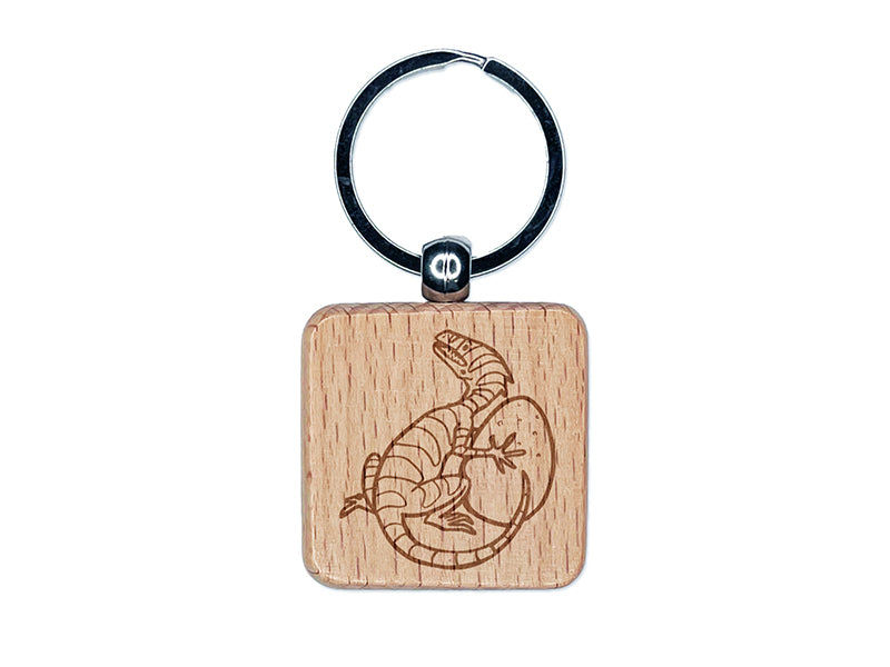 Small Dinosaur with Egg Engraved Wood Square Keychain Tag Charm