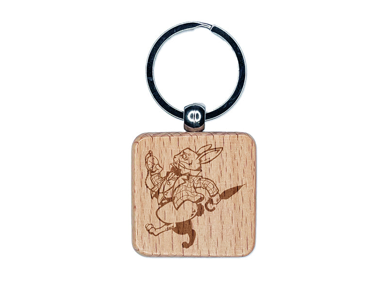 White Rabbit Pocket Watch Wonderland Engraved Wood Square Keychain Tag Charm