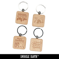Wedding Cake Marriage Rings Hearts Engraved Wood Square Keychain Tag Charm
