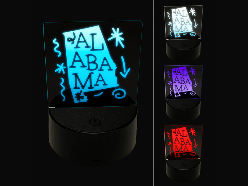 Alabama State with Text Swirls 3D Illusion LED Night Light Sign Nightstand Desk Lamp