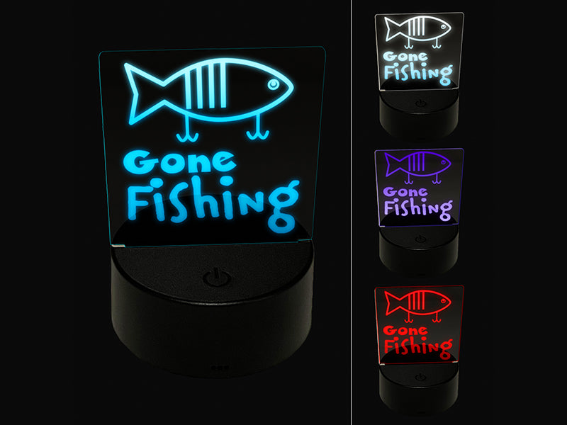 Gone Fishing Lure Fun Text 3D Illusion LED Night Light Sign Nightstand Desk Lamp