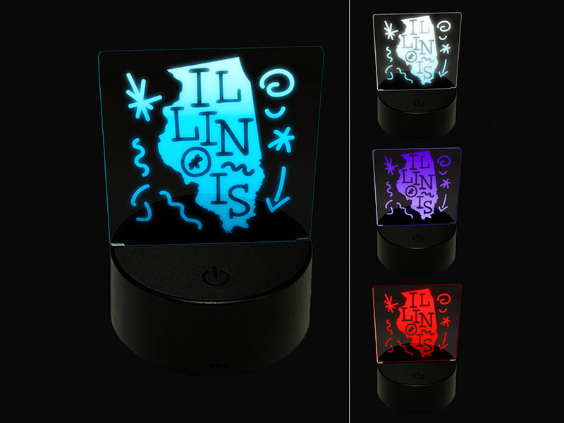 Illinois State with Text Swirls 3D Illusion LED Night Light Sign Nightstand Desk Lamp