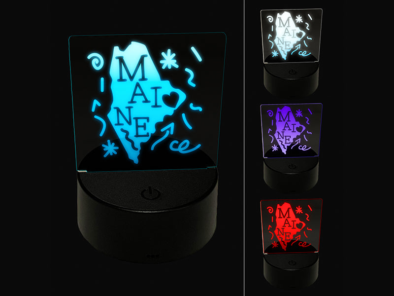 Maine State with Text Swirls 3D Illusion LED Night Light Sign Nightstand Desk Lamp