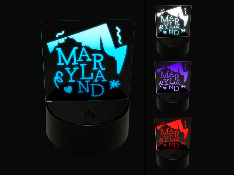 Maryland State with Text Swirls 3D Illusion LED Night Light Sign Nightstand Desk Lamp