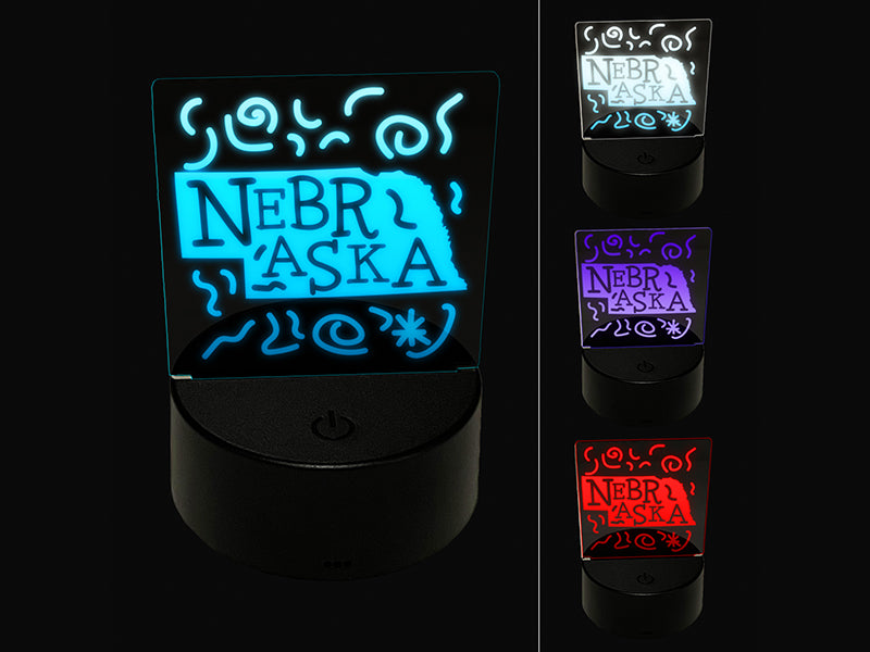 Nebraska State with Text Swirls 3D Illusion LED Night Light Sign Nightstand Desk Lamp