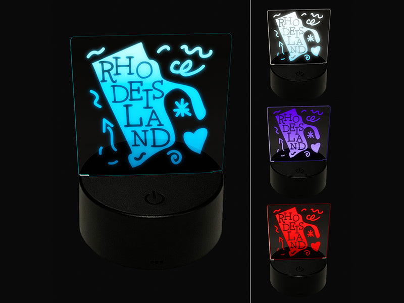 Rhode Island with Text Swirls 3D Illusion LED Night Light Sign Nightstand Desk Lamp