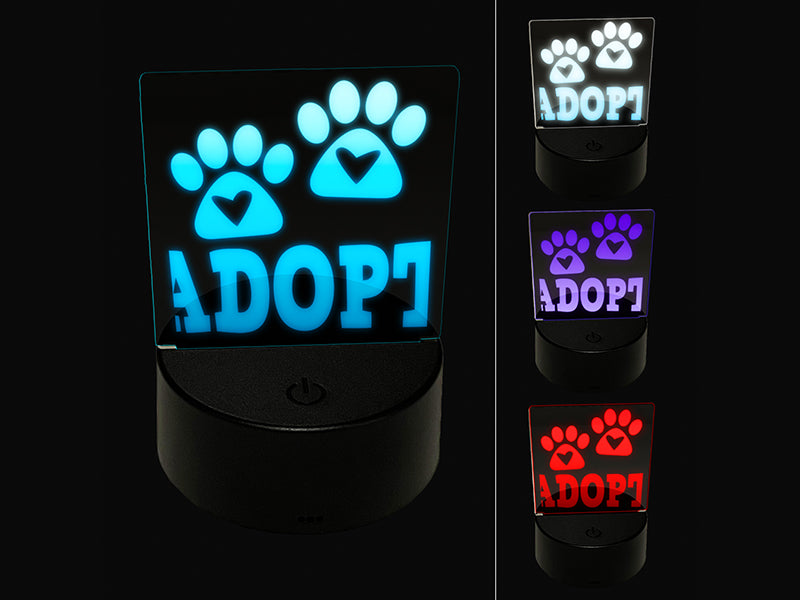 Adopt Dog Cat Paw Prints Hearts Love Fun Text 3D Illusion LED Night Light Sign Nightstand Desk Lamp