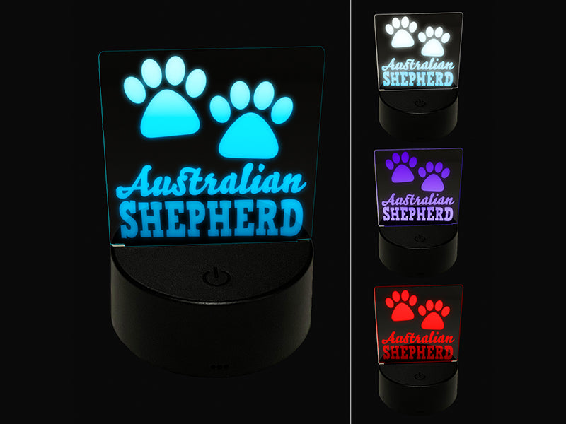 Australian Shepherd Dog Paw Prints Fun Text 3D Illusion LED Night Light Sign Nightstand Desk Lamp