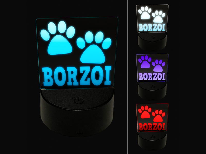 Borzoi Dog Paw Prints Fun Text 3D Illusion LED Night Light Sign Nightstand Desk Lamp