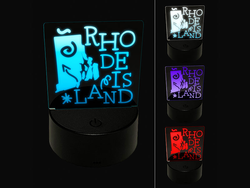 Rhode Island State with Text Swirls 3D Illusion LED Night Light Sign Nightstand Desk Lamp