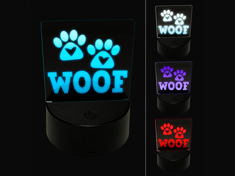 Woof Dog Paw Prints Hearts Love Fun Text 3D Illusion LED Night Light Sign Nightstand Desk Lamp