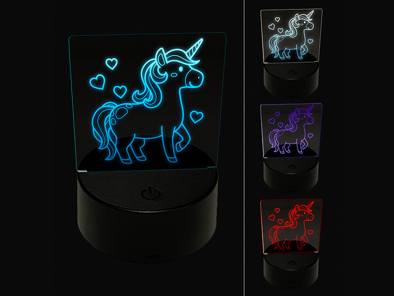 Cute Unicorn with Hearts 3D Illusion LED Night Light Sign Nightstand Desk Lamp