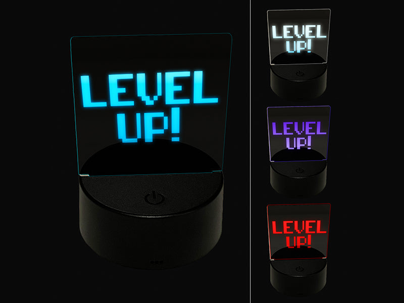 Level Up 8 Bit Digital Text 3D Illusion LED Night Light Sign Nightstand Desk Lamp