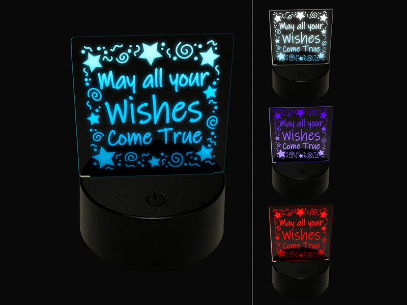 May All Your Wishes Come True Stars Swirls Birthday 3D Illusion LED Night Light Sign Nightstand Desk Lamp
