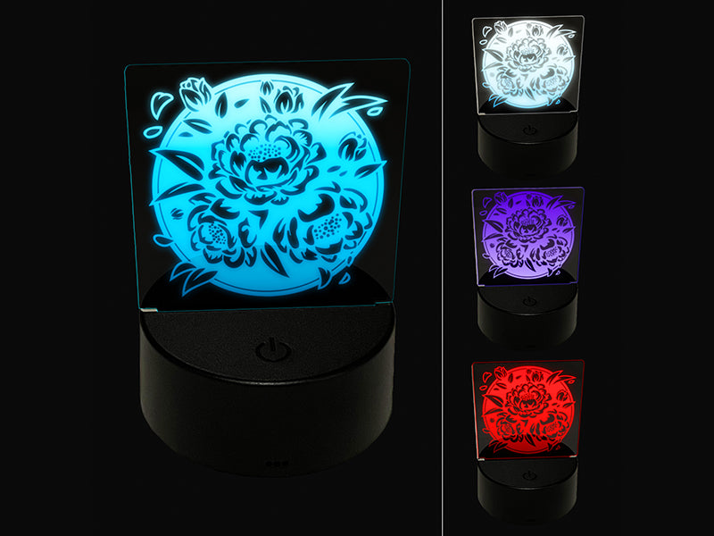 Peony Flowers in Circle 3D Illusion LED Night Light Sign Nightstand Desk Lamp