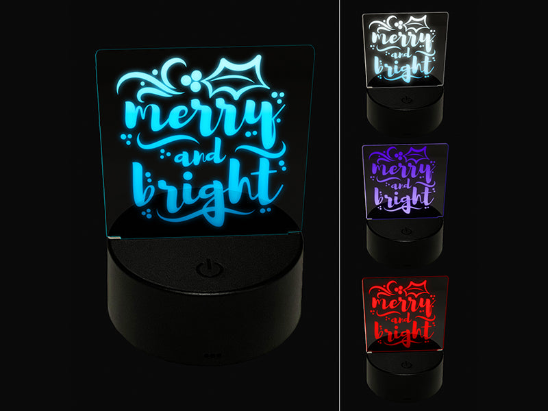 Merry and Bright Christmas with Holly 3D Illusion LED Night Light Sign Nightstand Desk Lamp