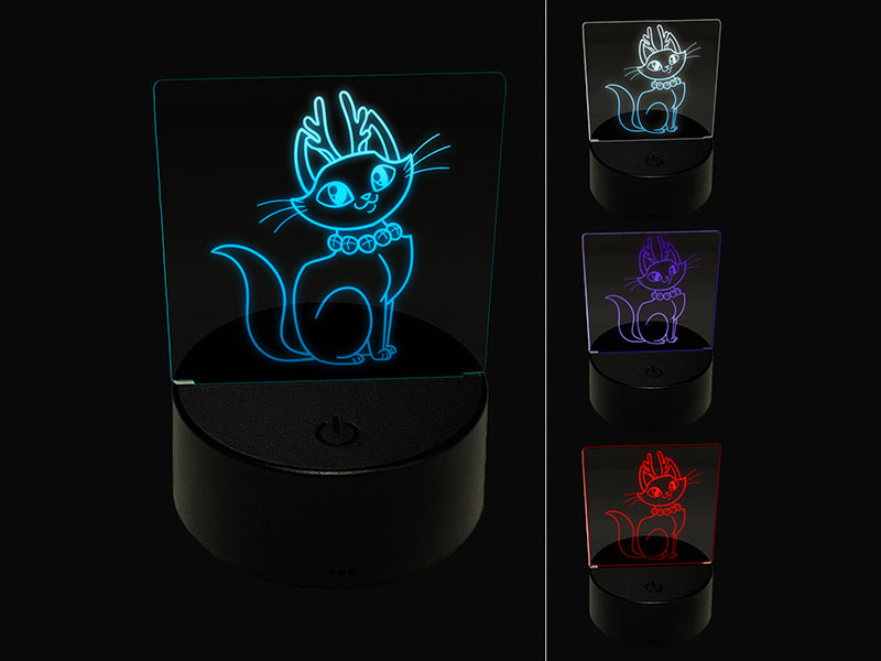 Cute Kitty Cat Reindeer Christmas 3D Illusion LED Night Light Sign Nightstand Desk Lamp