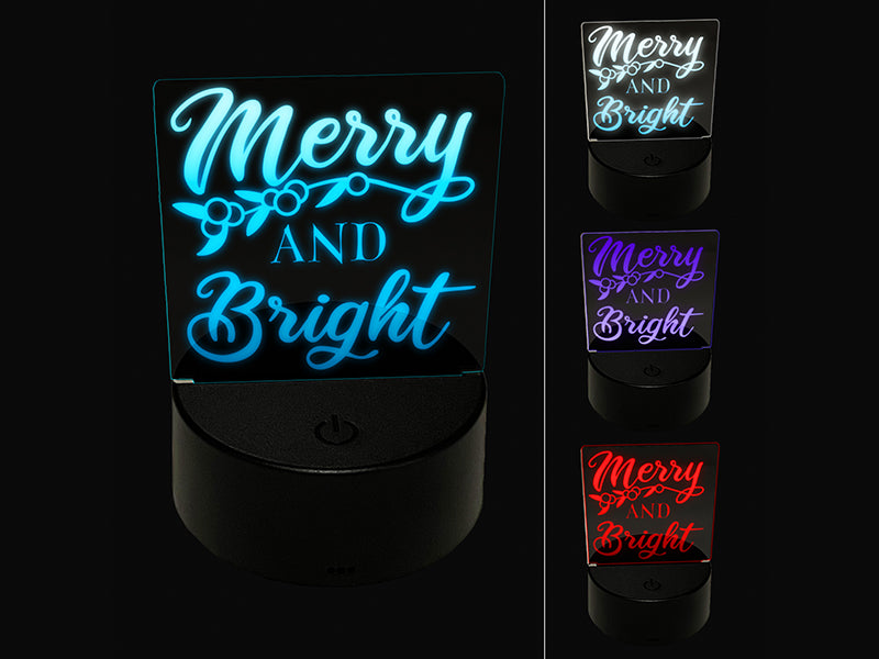 Merry and Bright Mistletoe Christmas 3D Illusion LED Night Light Sign Nightstand Desk Lamp