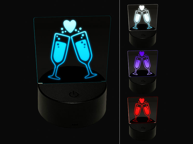 Cheers Toast Champagne Heart Love Wedding Anniversary 3D Illusion LED Night Light Sign Nightstand Desk Lamp