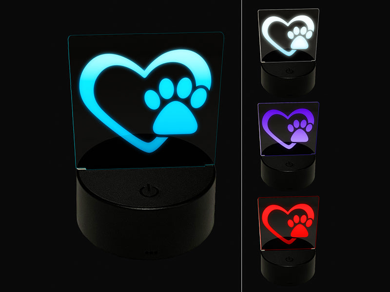 Heart with Paw Print 3D Illusion LED Night Light Sign Nightstand Desk Lamp