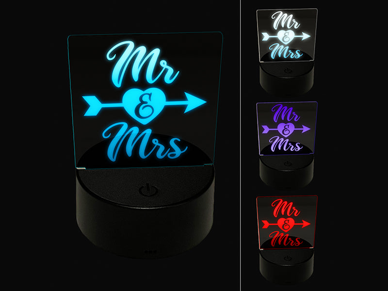 Mr and Mrs Heart and Arrow Wedding 3D Illusion LED Night Light Sign Nightstand Desk Lamp