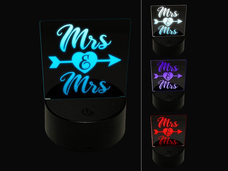 Mrs and Mrs Heart and Arrow Wedding 3D Illusion LED Night Light Sign Nightstand Desk Lamp