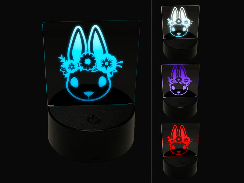 Cute Easter Bunny Rabbit Head with Flower Crown 3D Illusion LED Night Light Sign Nightstand Desk Lamp